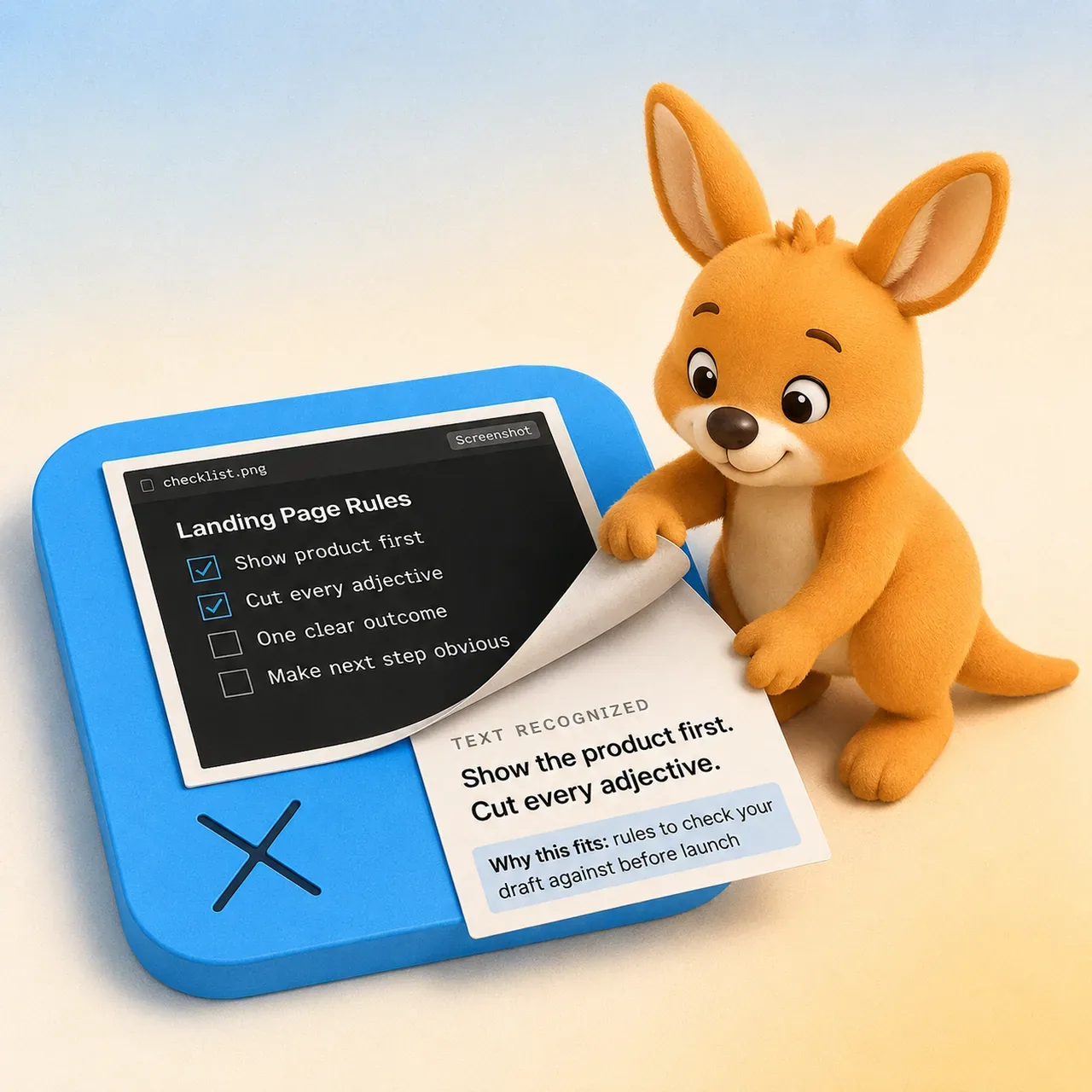Beck peels a screenshot off a saved tile to reveal the text underneath
